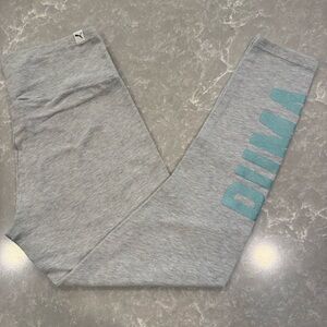 Puma Gray Heathered Teal Logo Graphic High Waist Leggings Size M EUC